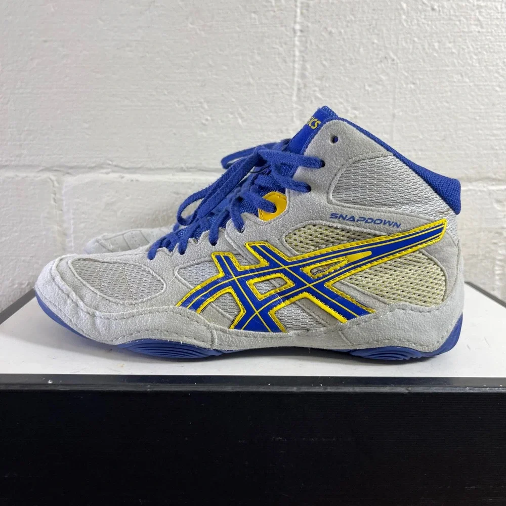 Asics Snapdown Gray True Blue J502Y Athletic Wrestling Shoes Sneaker Kids 5.5 US